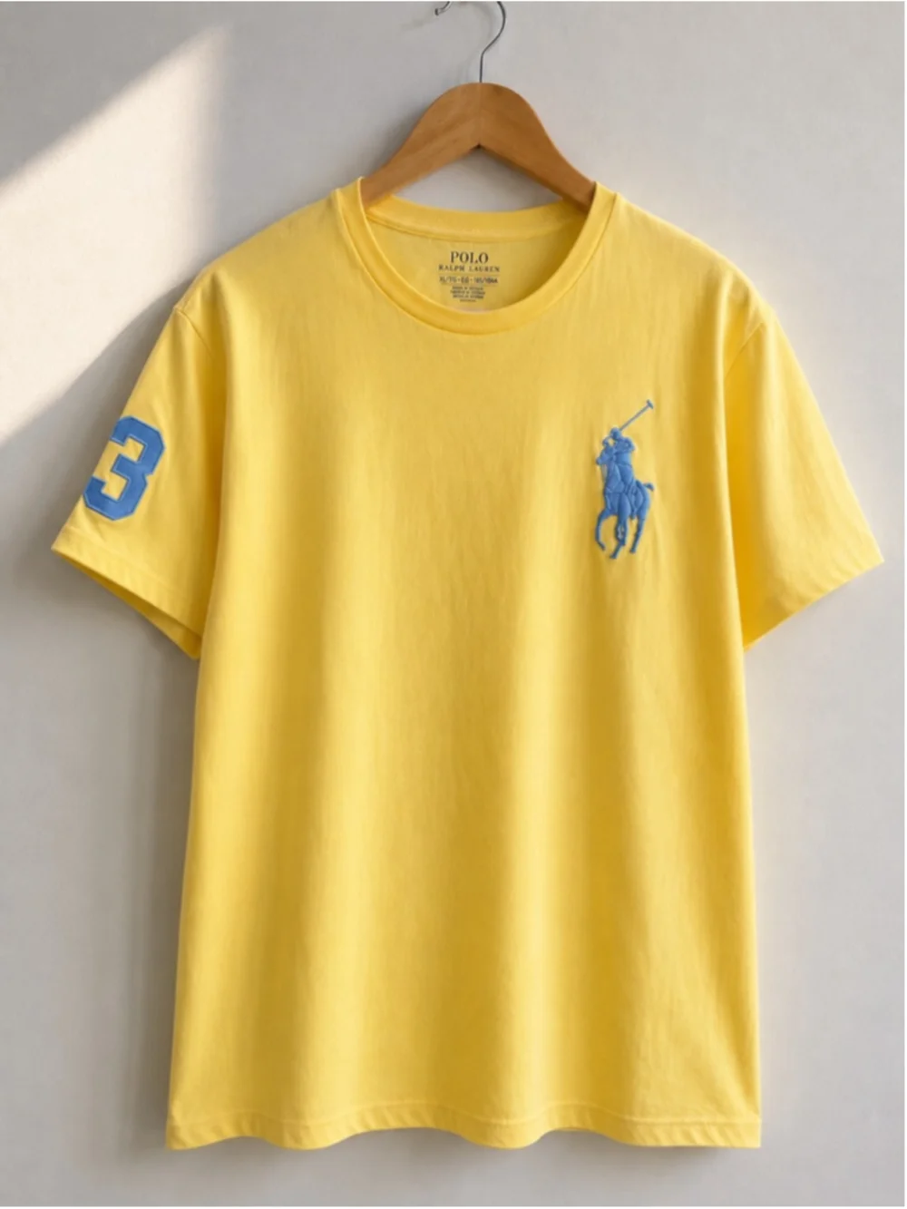 Polo Ralph Lauren Yellow Big Pony T-Shirt Men’s XL Blue Pony Logo #3 Sleeve